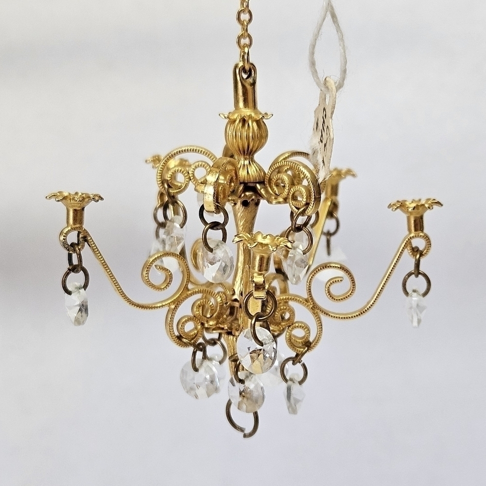 NEW VINTAGE Dollhouse Miniature Brass & Crystal 5 Arm Chandelier 1:12